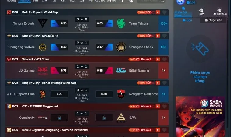 Bảng kèo cá cược Thể Thao Điện Tử Alo789