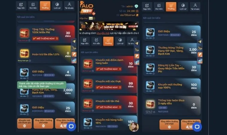 Khám Phá Khuyến Mãi Tại Alo789 Siêu Hấp Dẫn Ngay Hôm Nay 1 Chương trình Khuyến mãi tại Alo789 gửi thẳng đến mục Thưởng của người chơi