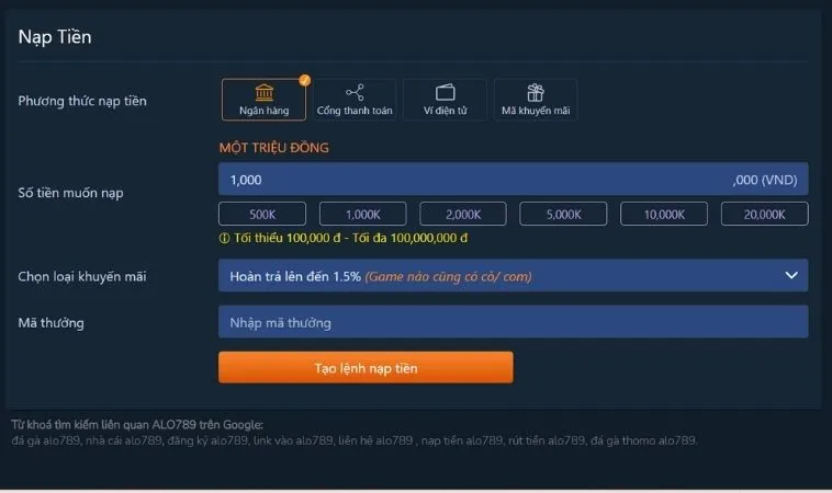 Nạp Tiền Alo789 Dễ Dàng Tăng Cơ Hội Thắng Lớn Ngay Lập Tức 2 Giao diện nạp tiền Alo789