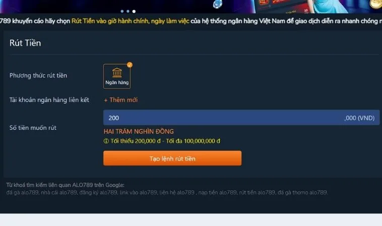 Rút Tiền Alo789 Nhanh Chóng Đầy Đủ Tiền Vào Tài Khoản Ngay 2 Giao diện rút tiền Alo789