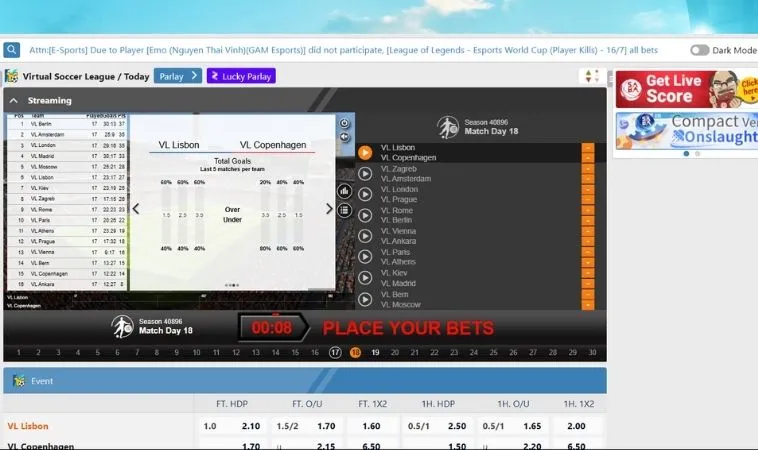 Giao diện đặt cược tại sảnh Thể Thao Ảo Alo789